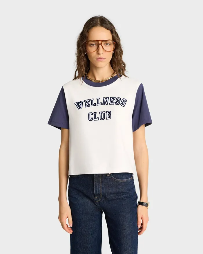 TShirts and Tops Women Sporty and Rich Wellness Club Color Block Cropped Tee 8211 WhiteNavy