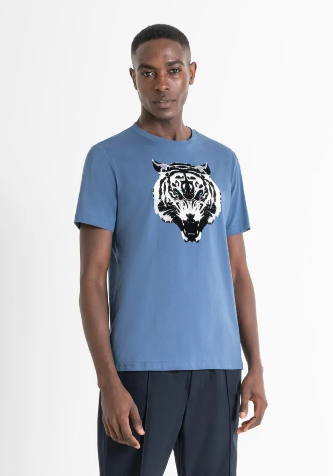 TShirts And Polo Men Antony Morato Regular Fit TShirt In Blue Cotton Jersey With Tiger Print Worker Avio TShirts And Polo Men Antony Morato Regular Fit TShirt In Blue Cotton Jersey With Tiger Print Worker Avio