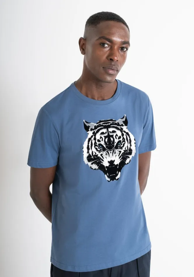 TShirts And Polo Men Antony Morato Regular Fit TShirt In Blue Cotton Jersey With Tiger Print Worker Avio