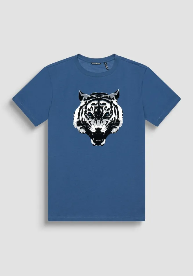 TShirts And Polo Men Antony Morato Regular Fit TShirt In Blue Cotton Jersey With Tiger Print Worker Avio