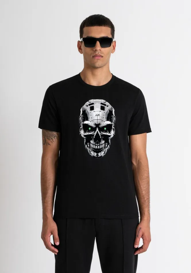 TShirts And Polo Men Antony Morato Slim Fit TShirt In Black Cotton Jersey With Cyber Skull Print Black