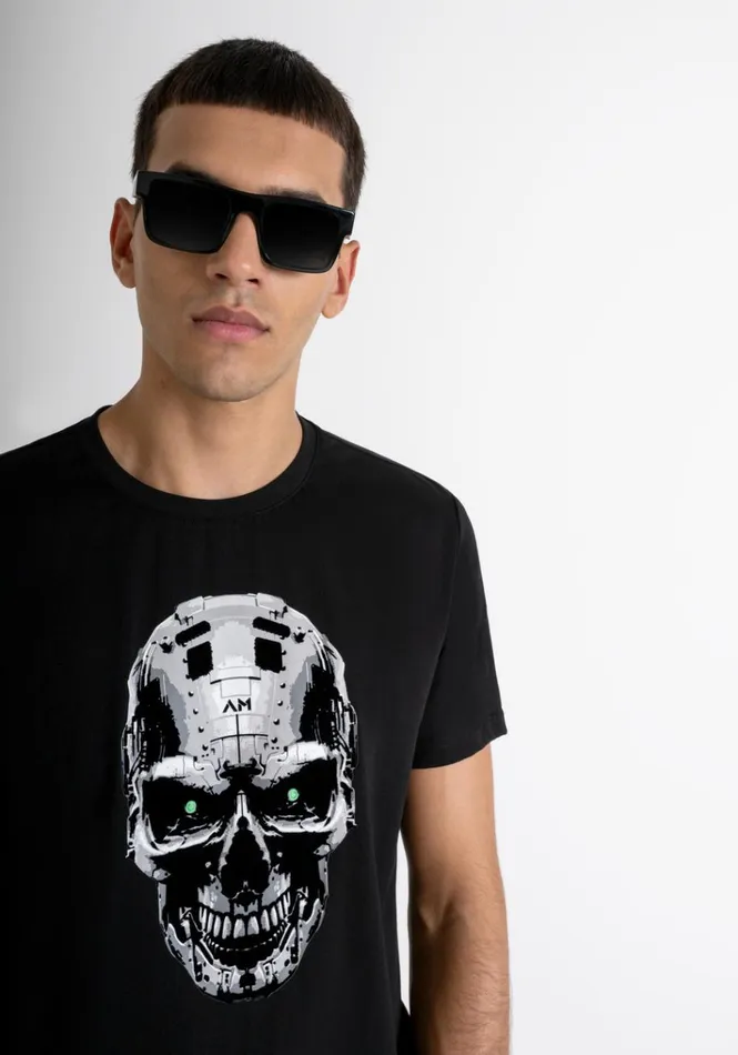 TShirts And Polo Men Antony Morato Slim Fit TShirt In Black Cotton Jersey With Cyber Skull Print Black