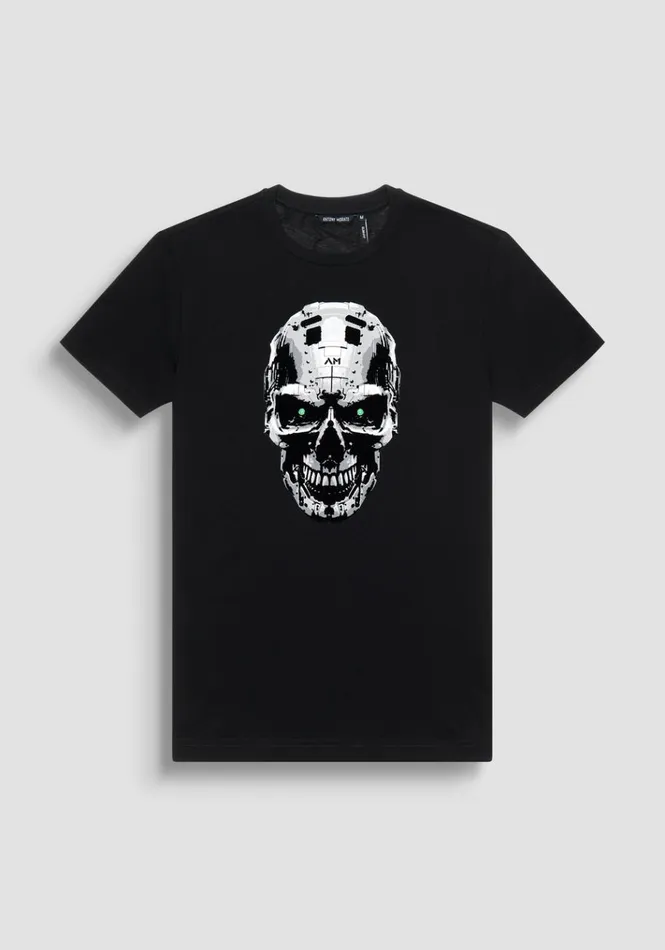 TShirts And Polo Men Antony Morato Slim Fit TShirt In Black Cotton Jersey With Cyber Skull Print Black