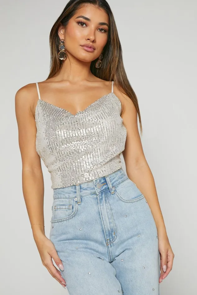 Thea Top 8211 Sequin Cowl Neck Top In Silver Women Showpo Tops
