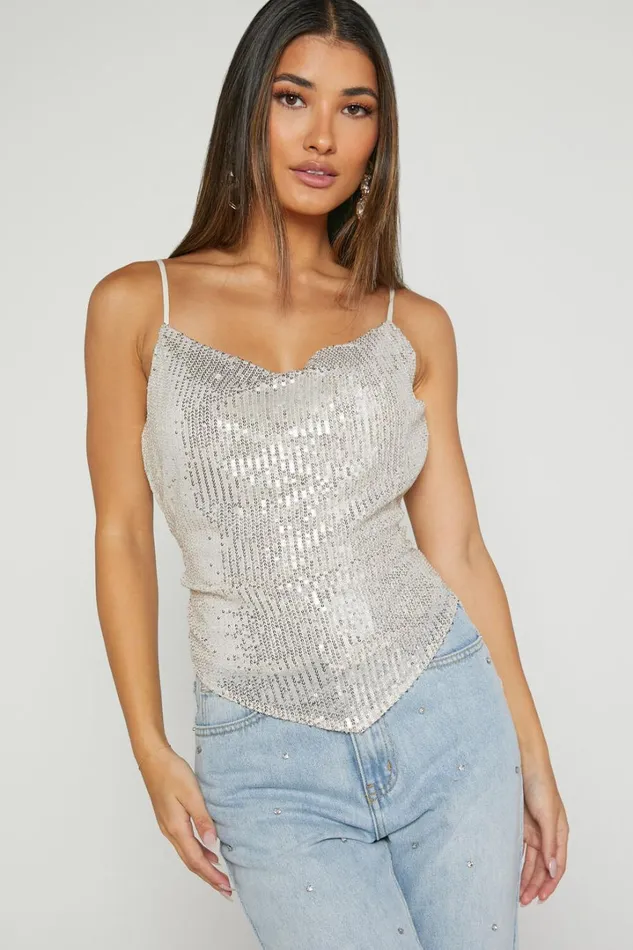 Thea Top 8211 Sequin Cowl Neck Top In Silver Women Showpo Tops