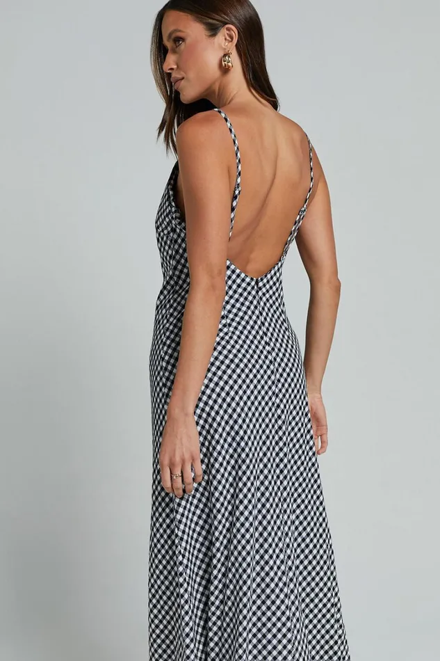 Thraia Midi Dress 8211 Strappy Plunge Slip Dress In Black And White Check Women Showpo Dresses