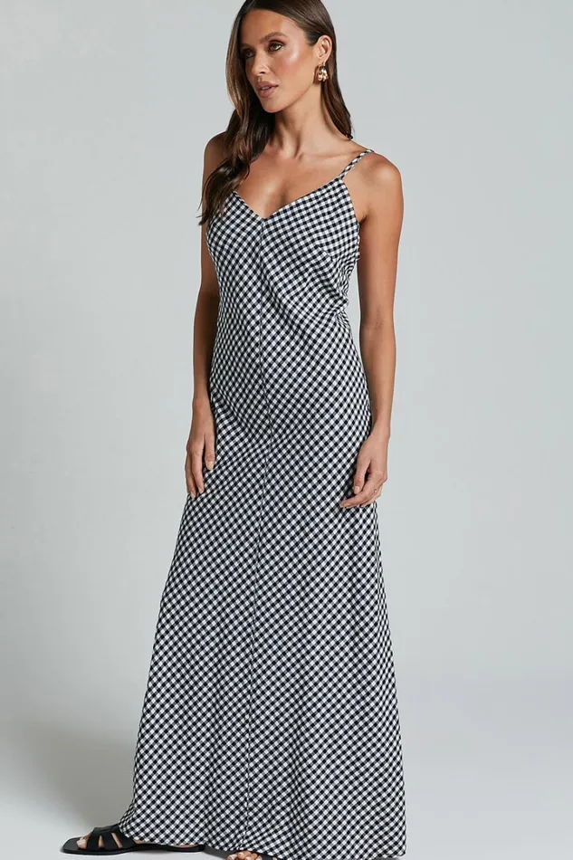 Thraia Midi Dress 8211 Strappy Plunge Slip Dress In Black And White Check Women Showpo Dresses