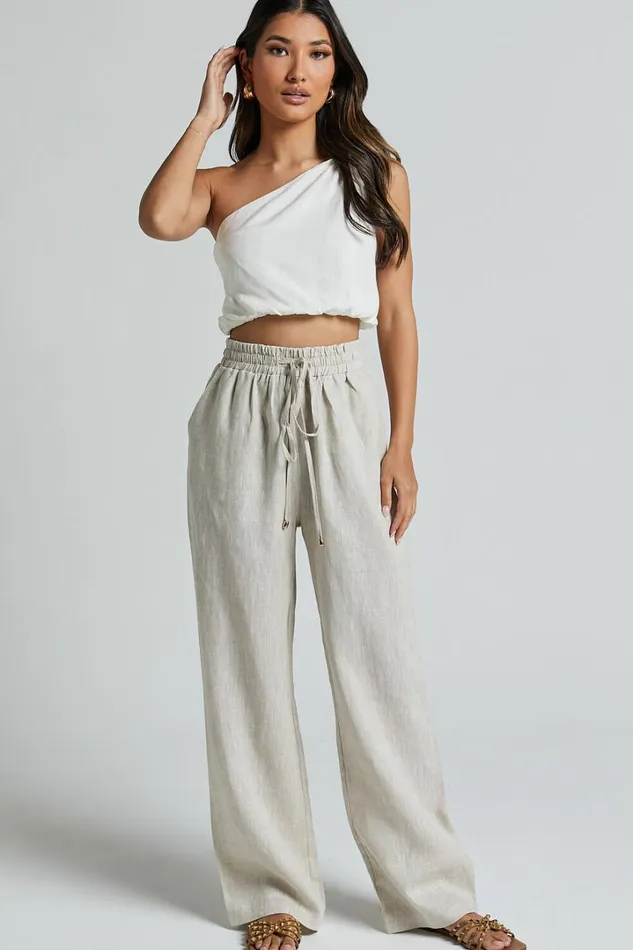 Tilly Pants 8211 Elasticated Drawstring Relaxed Linen Pants In Beige Women Showpo Pants
