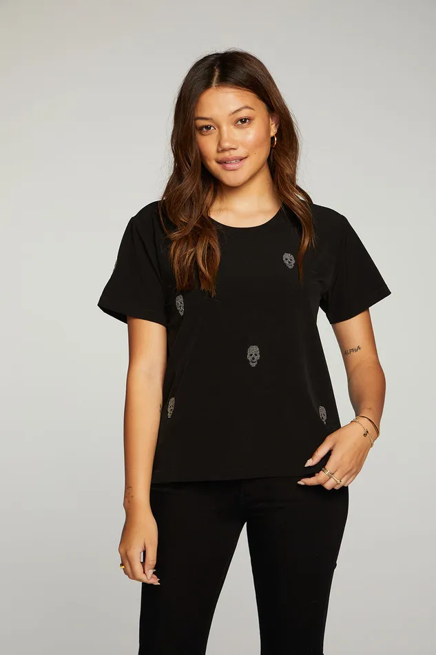 Tops Chaser Brand Womens Beaded Skulls Short Sleeve Tee
