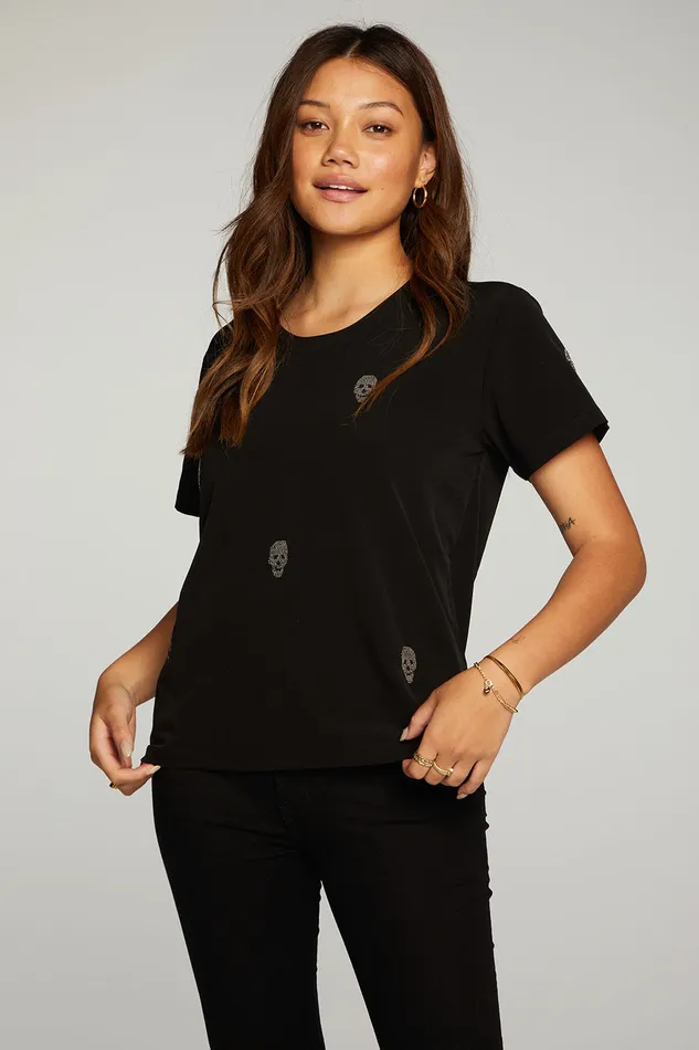 Tops Chaser Brand Womens Beaded Skulls Short Sleeve Tee