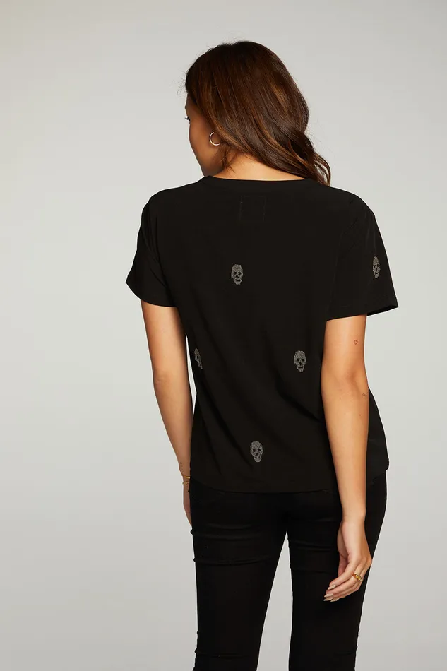 Tops Chaser Brand Womens Beaded Skulls Short Sleeve Tee
