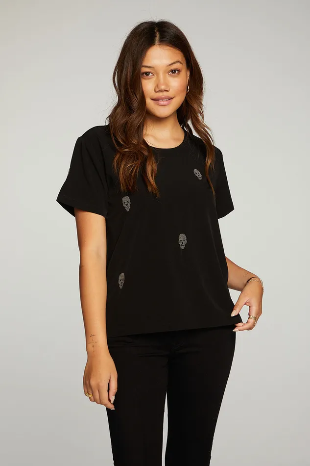 Tops Chaser Brand Womens Beaded Skulls Short Sleeve Tee