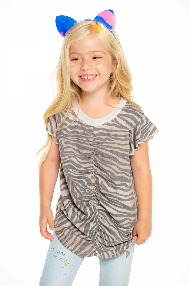 Tops Girls Chaser Brand Recycled Vintage Jersey Shirred Flutter Sleeve Tee in Zebra Stripe
