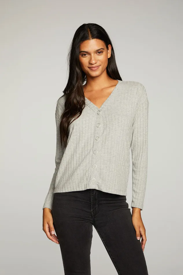 Tops Poor Boy Rib Long Sleeve Button Down Tee 8211 Chaser Brand Womens