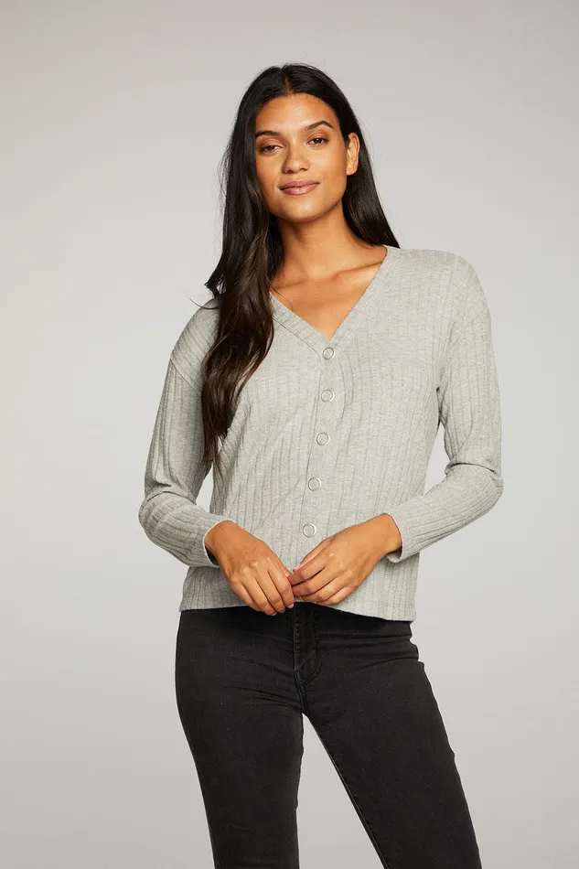 Tops Poor Boy Rib Long Sleeve Button Down Tee 8211 Chaser Brand Womens