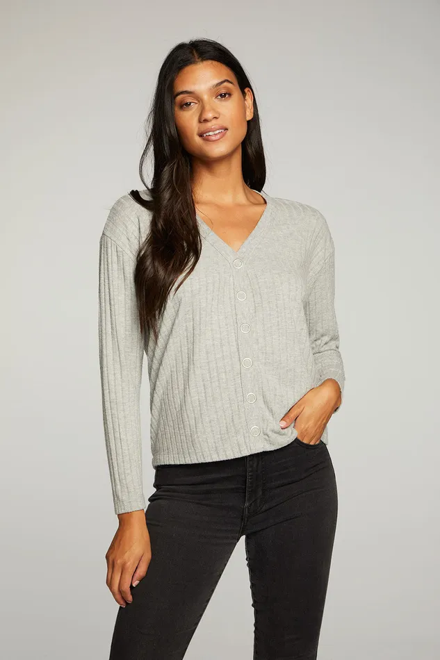 Tops Poor Boy Rib Long Sleeve Button Down Tee 8211 Chaser Brand Womens