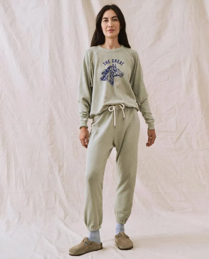 Tops Women039s The Great The College Sweatshirt Seafoam With Navy Bronco Graphic