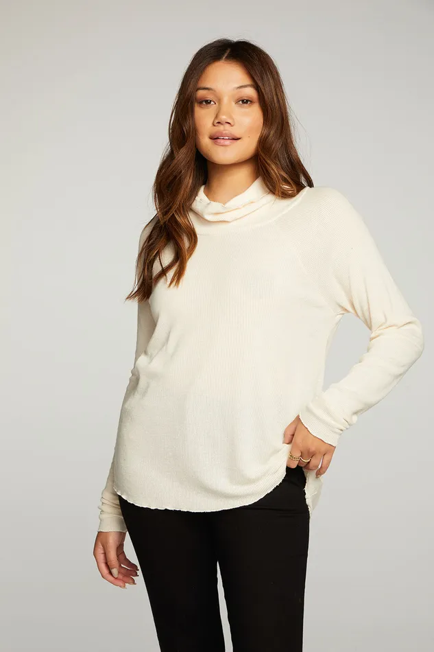 Tops Womens Chaser Brand Heritage Waffle Long Sleeve Mock Neck Raglan Tee With Thumbhole