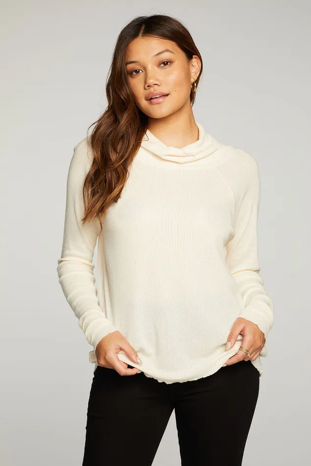 Tops Womens Chaser Brand Heritage Waffle Long Sleeve Mock Neck Raglan Tee With Thumbhole