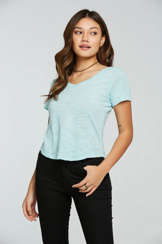 Tops Womens Slub Jersey Short Sleeve Double V Neck Shirttail Tee Chaser Brand