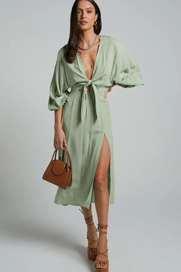 Tyricia Midi Dress 8211 Long Sleeve Tie Front Cut Out Dress In Sage Women Showpo Curve Clothes Tyricia Midi Dress 8211 Long Sleeve Tie Front Cut Out Dress In Sage Women Showpo Curve Clothes