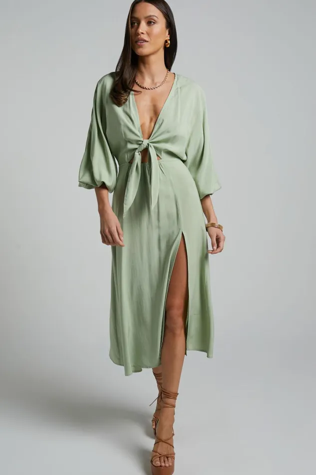 Tyricia Midi Dress 8211 Long Sleeve Tie Front Cut Out Dress In Sage Women Showpo Curve Clothes