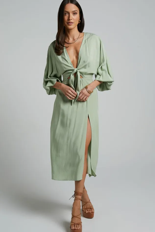 Tyricia Midi Dress 8211 Long Sleeve Tie Front Cut Out Dress In Sage Women Showpo Curve Clothes
