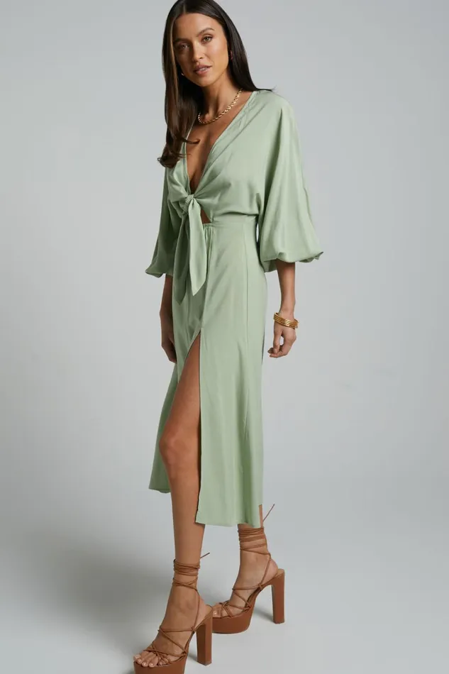 Tyricia Midi Dress 8211 Long Sleeve Tie Front Cut Out Dress In Sage Women Showpo Curve Clothes