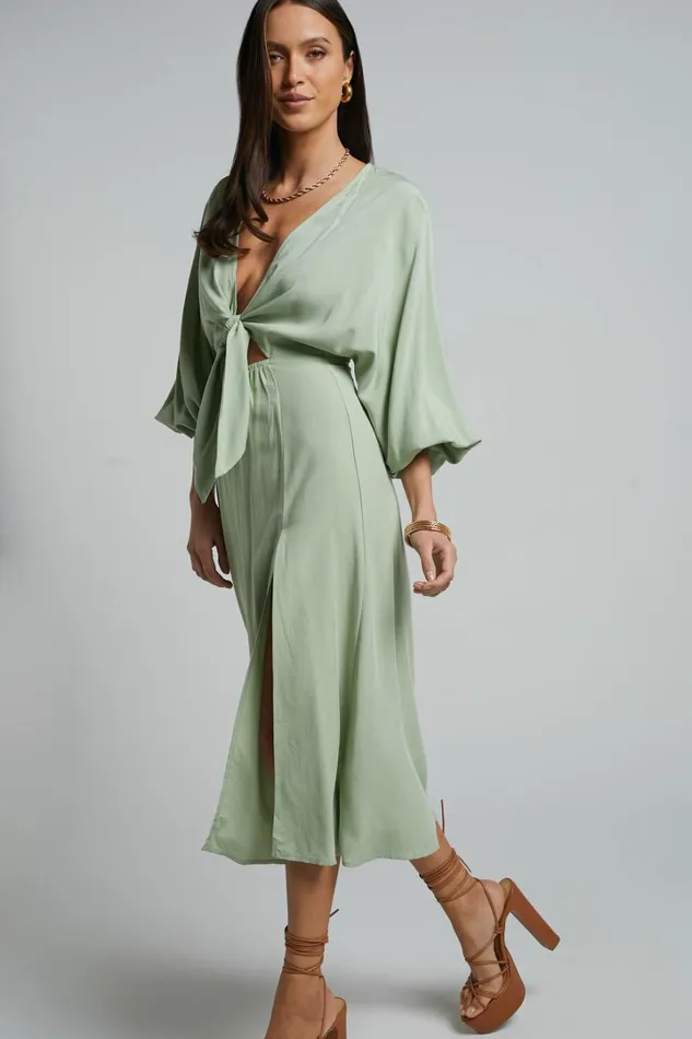 Tyricia Midi Dress 8211 Long Sleeve Tie Front Cut Out Dress In Sage Women Showpo Curve Clothes