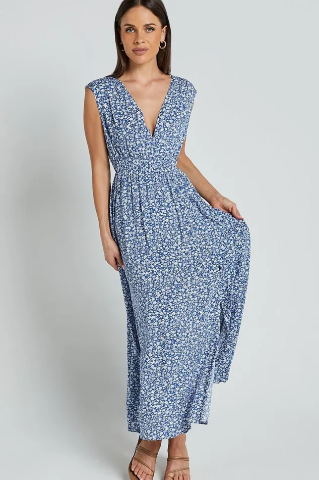 Valeri Midi Dress 8211 Plunge Neck Sleeveless Tie Waist Dress In Blue Floral Women Showpo Dresses