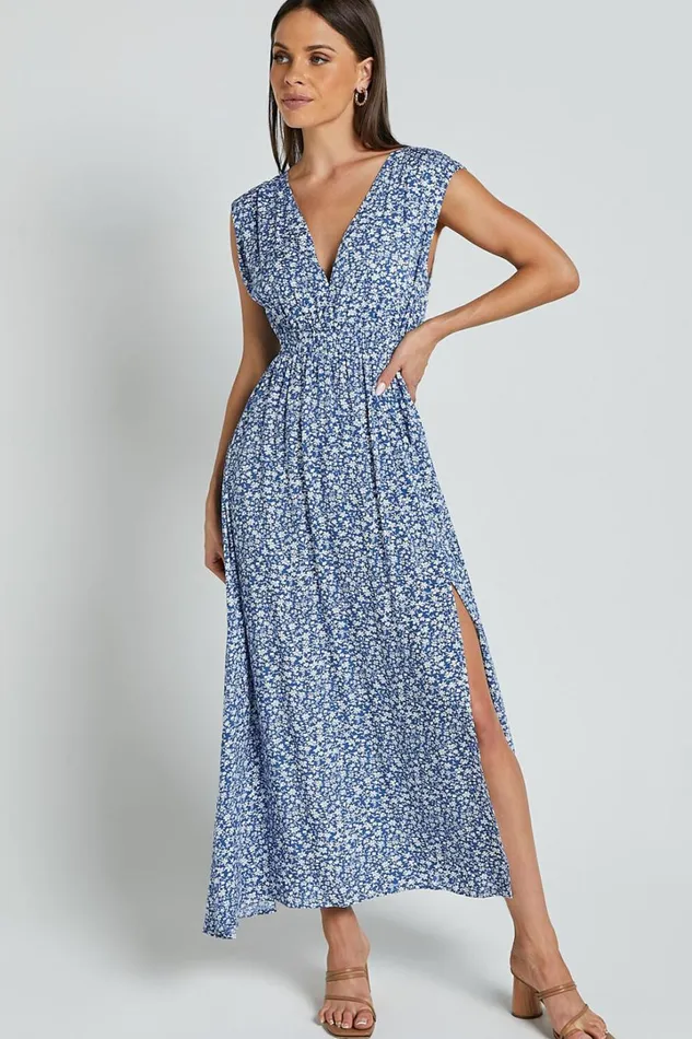 Valeri Midi Dress 8211 Plunge Neck Sleeveless Tie Waist Dress In Blue Floral Women Showpo Dresses