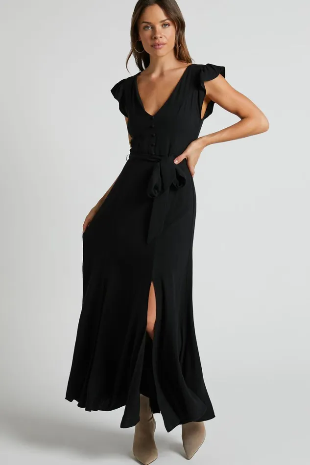 Vance Midi Dress 8211 Linen Look Open Back Dress In Black Women Showpo Dresses