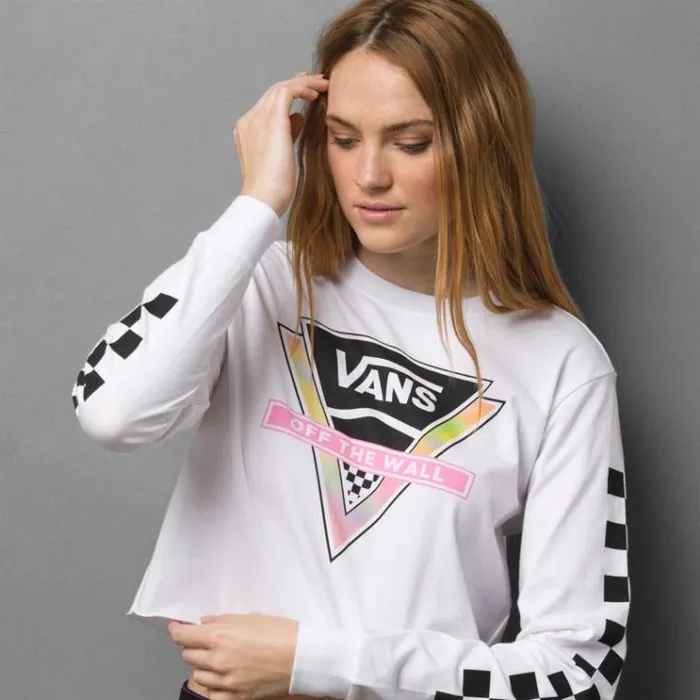 Vans Try Angle Crop Long Sleeve Boyfriend Tee White Womens TShirts and Tanks