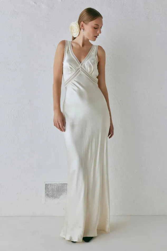 VRG GRL Meet Me On The Dance Floor Bias Cut Maxi Dress Cream Women MidiMaxi Dresses