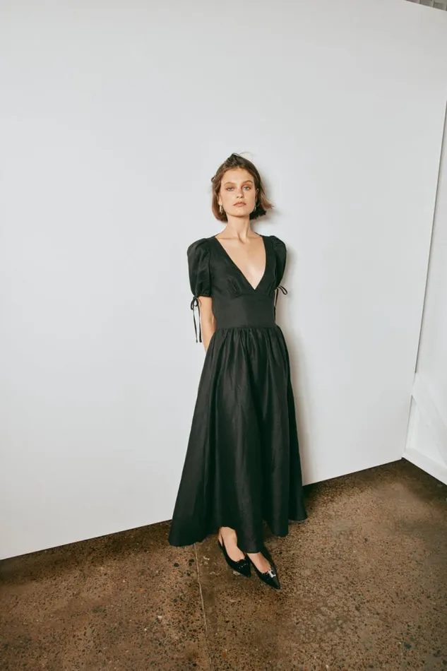 VRG GRL Paradiso Linen Midi Dress Black Women MidiMaxi Dresses