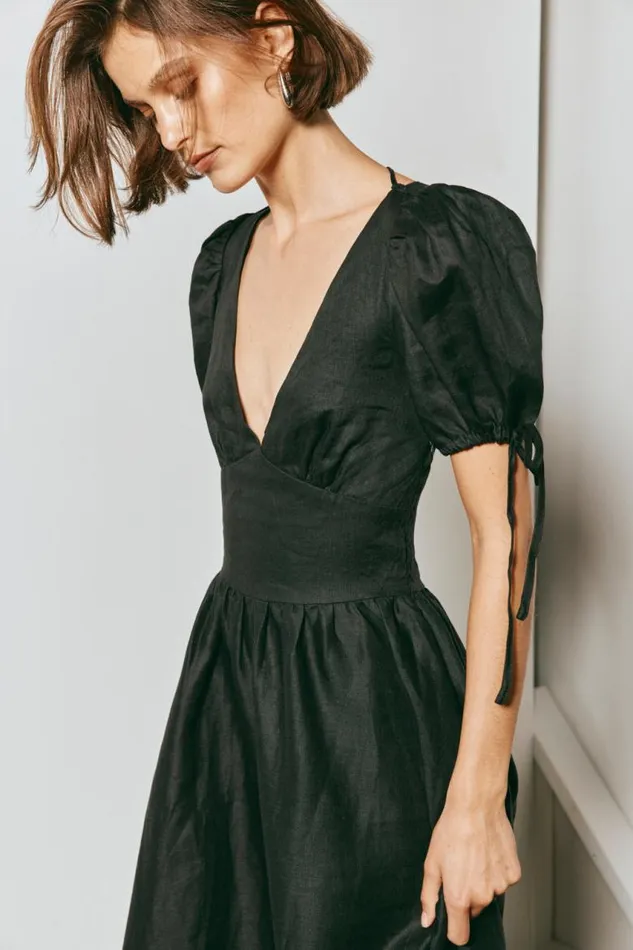 VRG GRL Paradiso Linen Midi Dress Black Women MidiMaxi Dresses