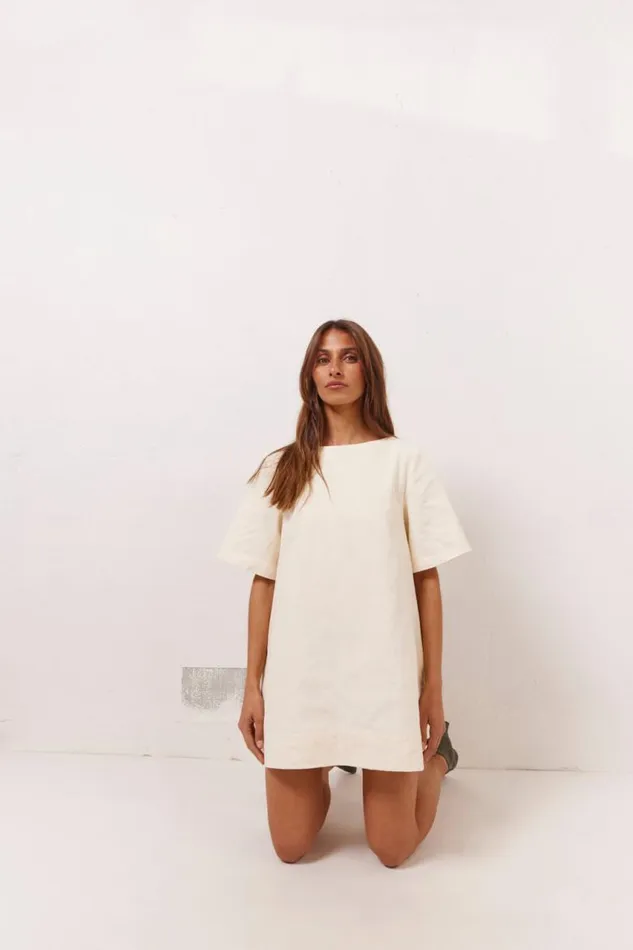 VRG GRL Suki Denim Mini Dress Cream Women Mini Dresses