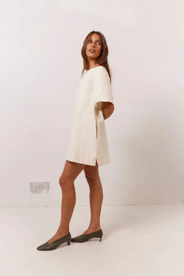 VRG GRL Suki Denim Mini Dress Cream Women Mini Dresses
