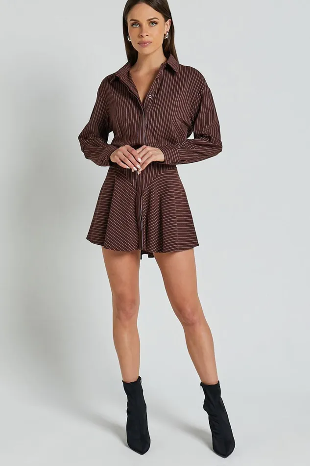 Whitney Mini Dress 8211 Linen Look Long Sleeve Shirt Dress In Chocolate Pinstripe Women Showpo Curve Clothes
