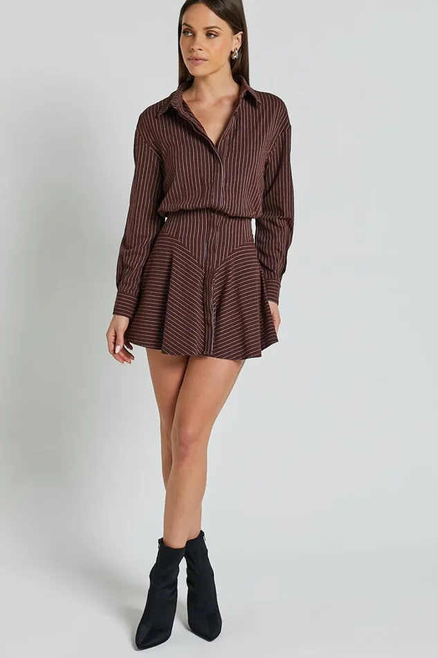 Whitney Mini Dress 8211 Linen Look Long Sleeve Shirt Dress In Chocolate Pinstripe Women Showpo Curve Clothes