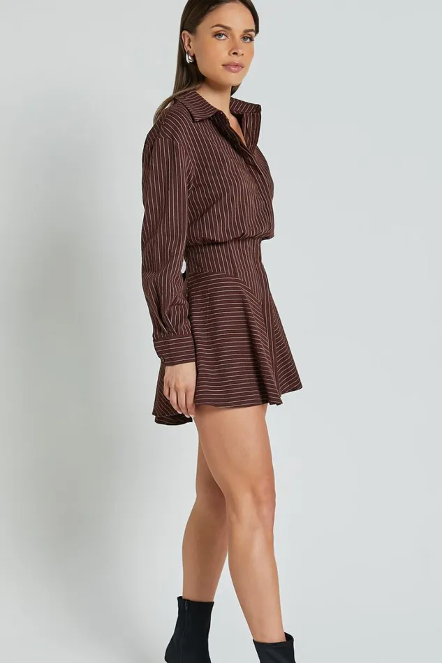 Whitney Mini Dress 8211 Linen Look Long Sleeve Shirt Dress In Chocolate Pinstripe Women Showpo Curve Clothes