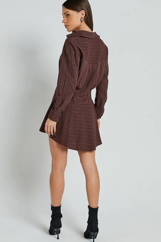 Whitney Mini Dress 8211 Linen Look Long Sleeve Shirt Dress In Chocolate Pinstripe Women Showpo Curve Clothes