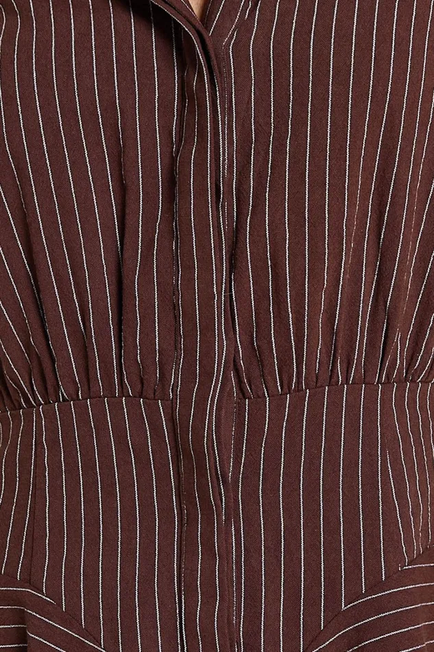 Whitney Mini Dress 8211 Linen Look Long Sleeve Shirt Dress In Chocolate Pinstripe Women Showpo Curve Clothes