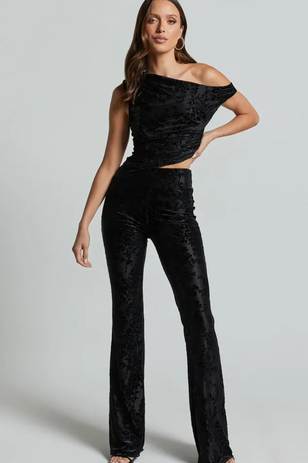 Willow Top 8211 Off Shoulder Ruched Burnout Velvet Top In Black Floral Women Showpo Tops