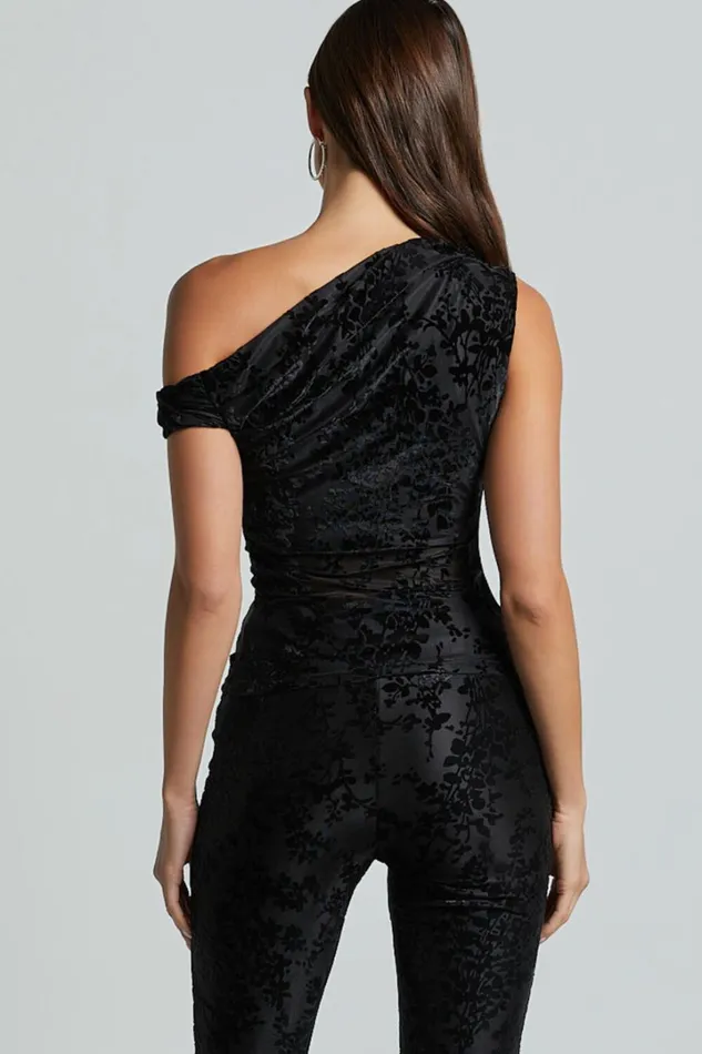 Willow Top 8211 Off Shoulder Ruched Burnout Velvet Top In Black Floral Women Showpo Tops