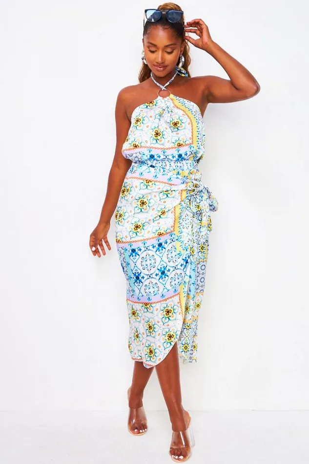 Women 2 Piece CoOrd Set Ring Trim Halter Top Midi Skirt In Blue Graphic Print Blue Brentiny Paris Top And Tank Tops Women 2 Piece CoOrd Set Ring Trim Halter Top Midi Skirt In Blue Graphic Print Blue Brentiny Paris Top And Tank Tops