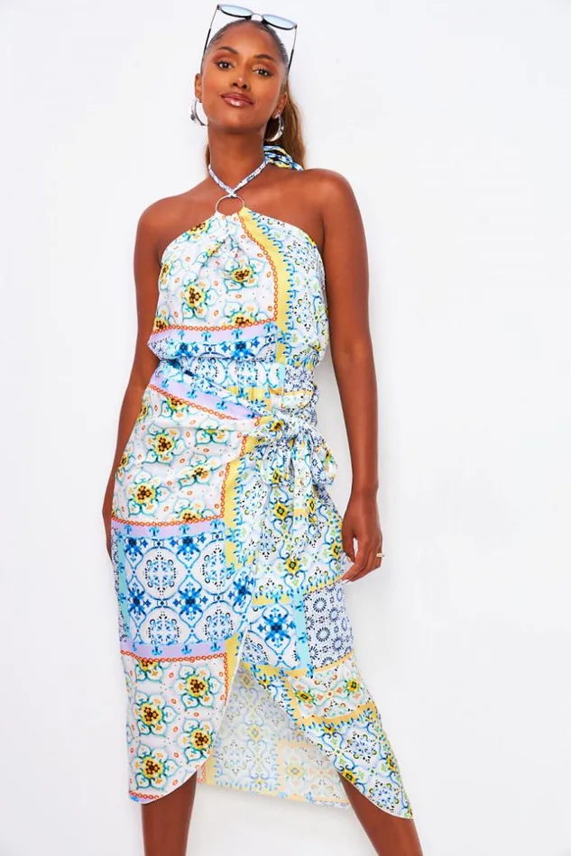 Women 2 Piece CoOrd Set Ring Trim Halter Top Midi Skirt In Blue Graphic Print Blue Brentiny Paris Top And Tank Tops