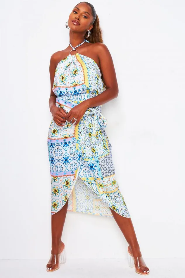 Women 2 Piece CoOrd Set Ring Trim Halter Top Midi Skirt In Blue Graphic Print Blue Brentiny Paris Top And Tank Tops