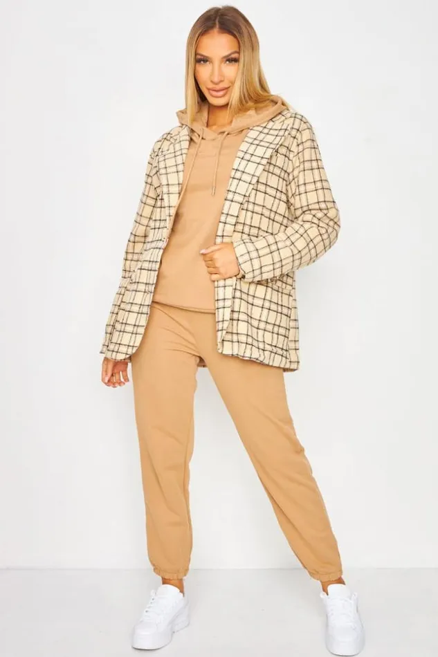 Women 3Piece CoOrd Set Hoodie Joggers Blazer In Beige Check Beige Brentiny Paris Sweaters and Sweatshirts Women 3Piece CoOrd Set Hoodie Joggers Blazer In Beige Check Beige Brentiny Paris Sweaters and Sweatshirts