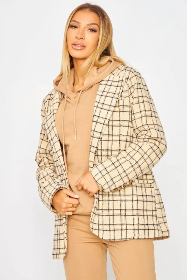 Women 3Piece CoOrd Set Hoodie Joggers Blazer In Beige Check Beige Brentiny Paris Sweaters and Sweatshirts